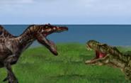 Spinosaurus in a duel with a Tyrannosaurus.