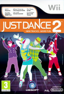 Just Dance 2 PAL Cover with the checkerboard sweater and hat dancer (Middle Right) along with the a different color scheme of the blue jacket and hat dancer (Far Right)