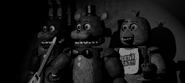 Freddy Fazbear with Bonnie and Chica on the Show Stage.