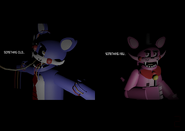 An early beta model of Kitty FazCat in a teaser with an early model of Sugar for The Return to Freddy's 2. Note how the hands are reused from the alpha model.