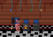 Charles walking past Kitty FazCat performing for a kid in "The horrible truth..." minigame.