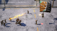 A battle between several people (soldiers?) and a parachuting character.