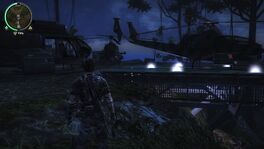 The  still spawns at its default spawn point, but the player as Rico brought the rocket-armed  from . The  at left has rocket pods and miniguns, but the rotors are glitched to be invisible, making them seemingly absent from the vehicle.