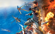 JC3 artwork (helicopter attacks Rico at city)
