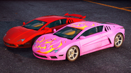 Side by side comparison of the DLC testcar (pink Mugello Vistosa) and its proper counterpart.