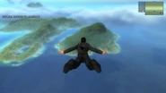 The first mission of the game, Devil's Drop Zone, with Rico skydiving to the first island.