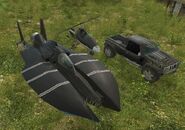 Agency vehicles available through Heavy drop: A Bald Eagle Persuader on the left, a Whiptail Gyrocopter in the middle, and GP Thunder Extreme Prototype on the right. This picture was made by the driver operating the Bald Eagle Persuader from Agency 02 Came Grouper and summoning a Whiptail Gyrocopter from heavy drop.