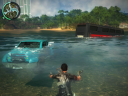 Floating cars.png (940 KB) This Amphibious vehicles demonstation was done just outside Kota Pantai Kuala in one of the western arms of the Sungai Sejuk river. You can actually see a small part of the city to the right. Also notice the PBC Tower and the minimap location in the upper left corner.