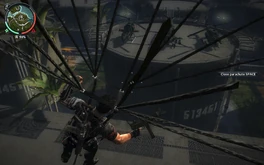 All three Panau Military attack helicopters here. The one at left is a , the one at center is a , and the one at right is a . The AH-33 Topachula in this screenshot is where it spawns, while the Sivirkin 15 Havoc is summoned as air support and the UH-10 Chippewa was brought here by Rico.