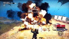 Rico destroying destructibles at this base with the  "micro-nuke". Hence the big explosion.