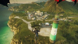 As viewed from the ocean, at sunset.