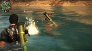 A Panau Military grunt was floating on the water carrying a Rocket Launcher (JC2).