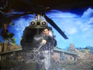 Rico holding a minigun in front of one at a Mobile Radar.