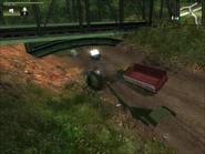 The AI traffic is stopped by the low railroad bridge.