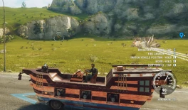 SS Borracho (left side, firing right broadside, explosions in the distance)