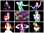 Icona Shard on a Just Dance Now coach-guessing promotional image (along with Gangnam Style (P1), TiK ToK, Barbra Streisand, Step by Step, The Bride, Alec, and Turn Up the Love (P1))