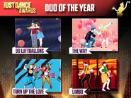 Jdawards duo nomination.jpg (114 KB) The coaches’ Just Dance Award nomination for "Duo of the Year" (along with 99 Luftballons, The Way, and Turn Up the Love)