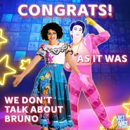 Hadley along with Mirabel Madrigal on a picture posted on Just Dance’s Twitter to celebrate the victory of As It Was at the 65th Annual Grammy Awards