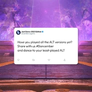The background in a tweet from Just Dance asking followers to play their least-played Alternate routine in Just Dance 2023 Edition as part of Dancember