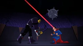 In the arena, Superman breaks Mongul's mace
