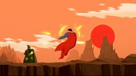 In the sun, Steppenwolf blasts Superman