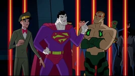 Bizarro shows bravado to Amazo, captor of the Justice League-o.