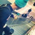 Justin Bieber skateboarding on stairs