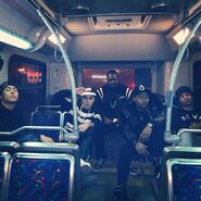 Justin Bieber on a bus with friends