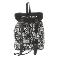 Justin Bieber Black and White Print Backpack Look like the cutest belieber with this backpack on your shoulders. Justin Bieber's hit song titles are printed in white text over a black background. The backpack has one front pocket with snap closure.