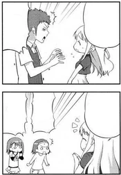 Mugi asking an employee if they can lower the guitar's price before being recognized by the employee