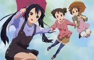 Azusa, Ui and Jun flying with umbrellas.