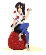 Azusa in her Listen!! outfit sitting on a strawberry.