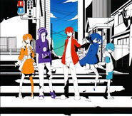 Ene on the cover of Mekakucity Days with Momo, Shintaro, Kido, and Hibiya