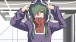 Kido readjusts her hood after Shintaro bumps into her (Act 01: Jinzou Enemy)