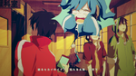 Ene shouts while Shintaro, Seto, Marry and Kano walk around a school, in one of Konoha's memories (Summertime Record)