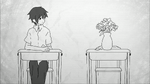 Shintaro sits alongside Ayano's desk, now with a flower vase on it to symbolize her death (Toumei Answer)