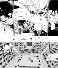 Kyora blasts Chihiro and Hiyuki into oppositive stands.