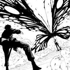 Kyora wielding Magatsumi, a butterfly of spirit energy behind him