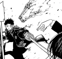 Hiyuki remote controlling a Flame Bone fist.