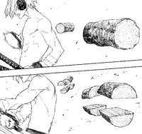 Natsuki slices two logs