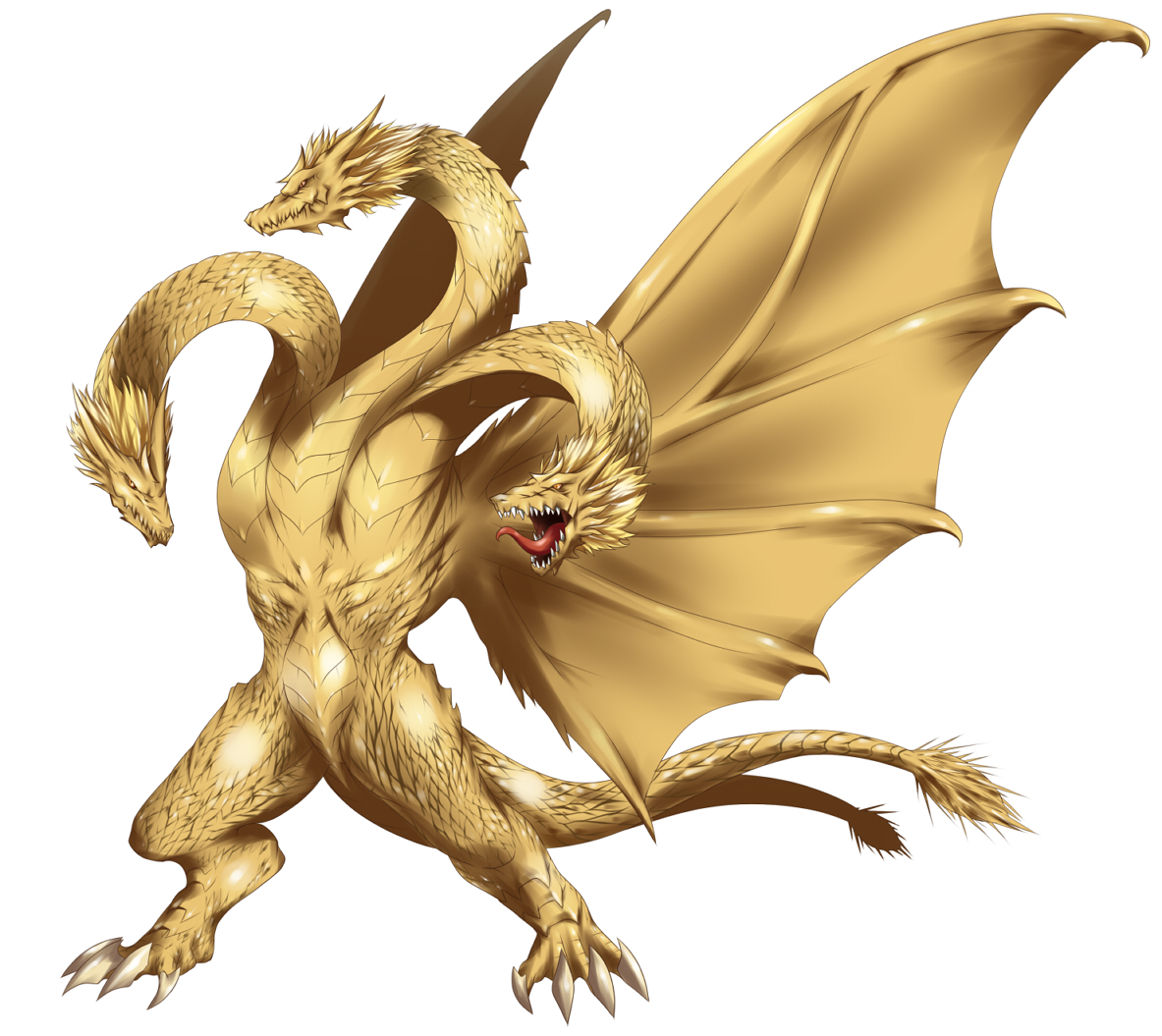 King Ghidorah appears to be a three-headed golden dragon with two legs, no ...