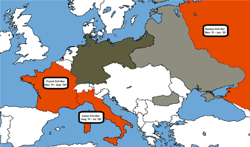 The precarious situation in Europe shortly after the war in January 1920: The victorious German Empire in black, areas under continued German military occupation in grey, and countries plagued by civil strife in orange