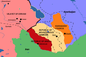 Rebel States of the Caucasus in the 1920s: The Azerbaijani-Turkish-aligned Republic of Aras in Nakhchivan and the Armenian guerilla states of Mountainous Armenia (based in Zangezur) and the Karabakh Council (based in Karabakh)