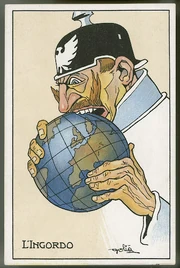 Italian cartoon depicting the Kaiser as 'The Glutton' trying to eat the world, 1915