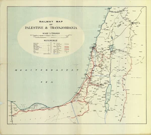 Mid-1920s map of the railway system in Palestine, Sinai, along the Suez Canal and Transjordan; The borders of the MOJ are marked in blue.