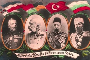 A postcard depicting the four main members of the Central Powers: The  led by ,  led by Franz Joseph I, the  led by Mehmed V and  led by .