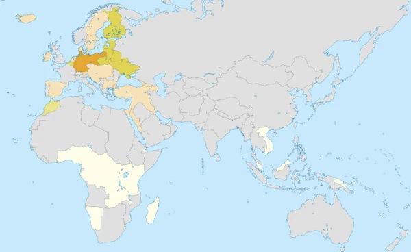 The German Sphere: Brown = Germany proper, olive = economic & military allies, skin colour = economic allies without military alliance, yellow = colonies