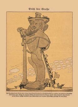 "Erich the Great," a cartoon featured in Simplicissimus in 1920, satirised Ludendorff's megalomaniacal tendencies during the war's final phases and the persistent backing he received from right-wing parties even following his resignation
