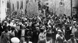 Arab nationalist protestors on the streets of Jerusalem, 1934. Marked with the cursor is Jamal al-Husayni, influential Arab freedom fighter.