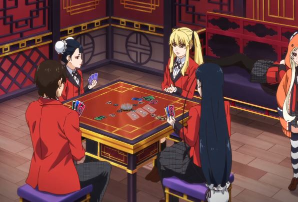 Anime character playing poker in kakegurui uniform